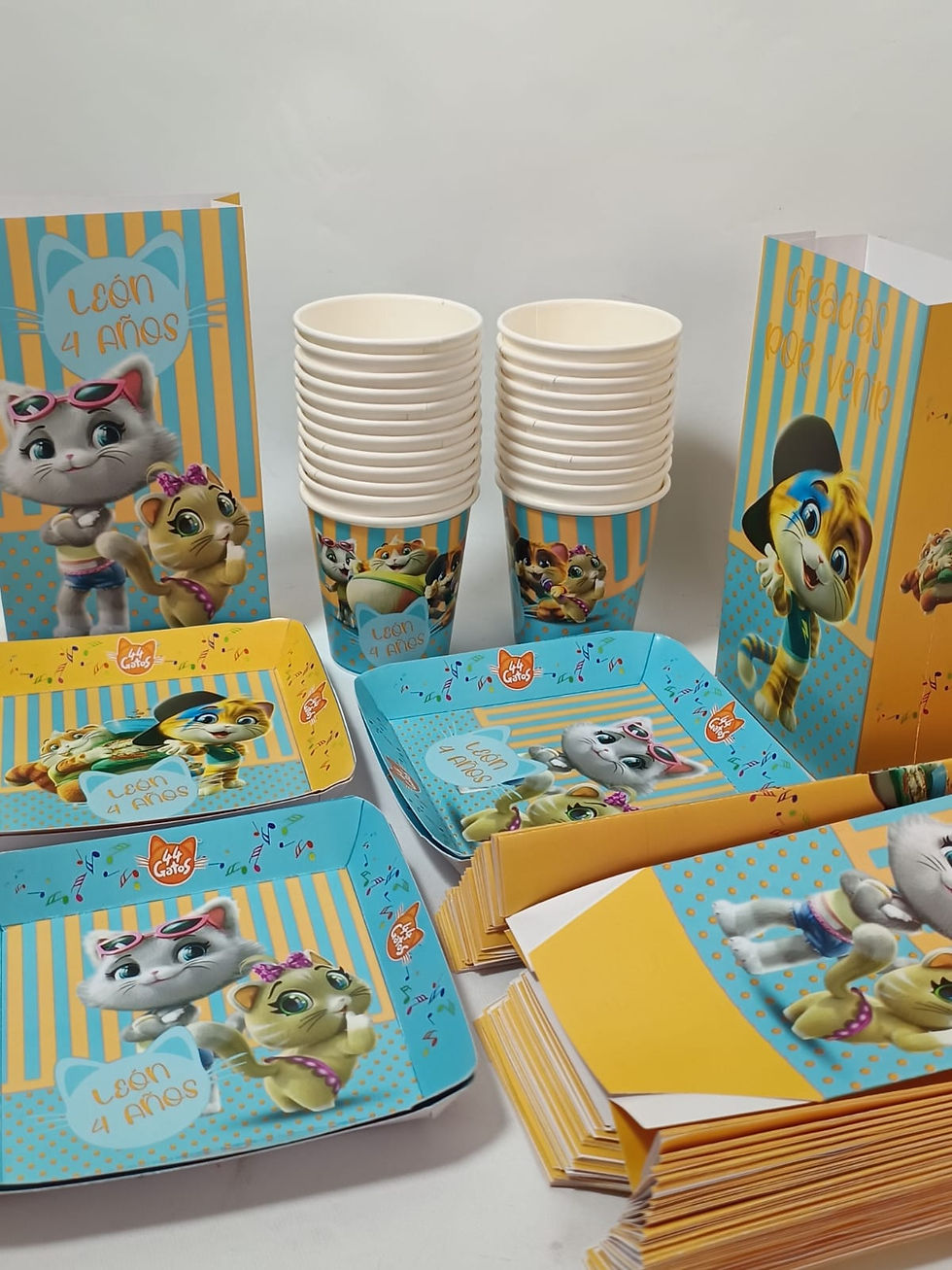 Miniatura: Combo Vasos + Platos + Bolsas 44 Gatos x 10