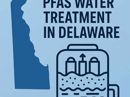 Illustration of Delaware with a water treatment filter, representing Veolia’s PFAS removal facility serving over 100,000 residents in New Castle County.