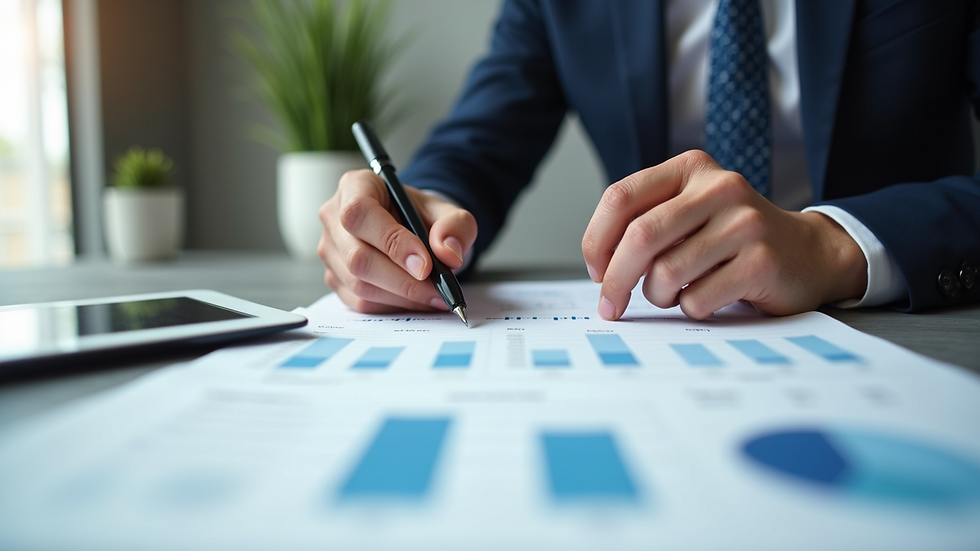 Close-up view of a property manager reviewing HOA financial reports