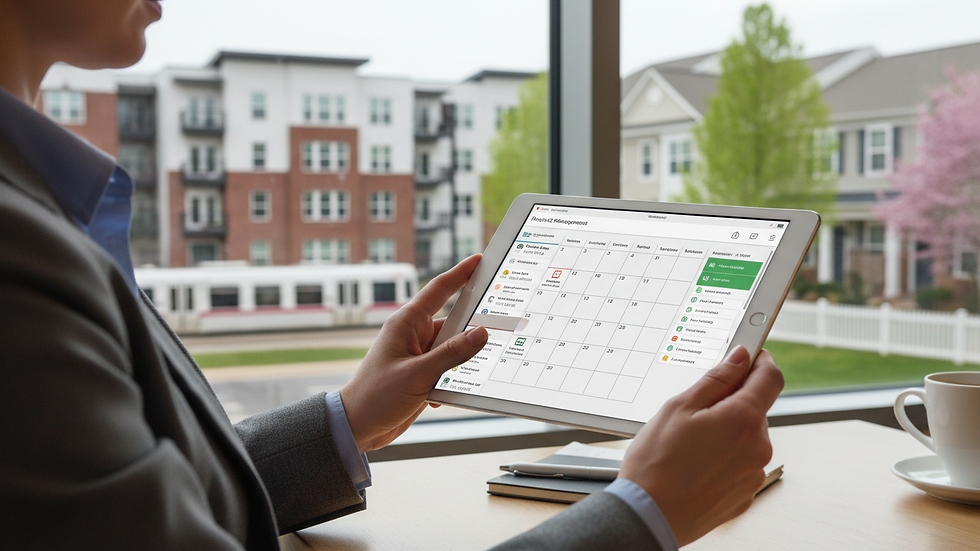 Close-up view of a property manager using a tablet to monitor maintenance schedules