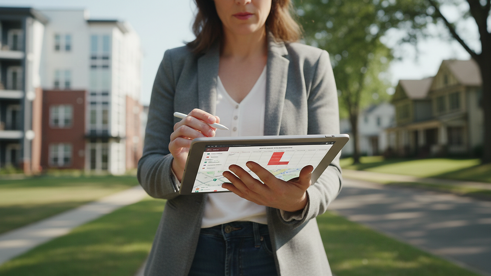 Close-up view of a property manager using a tablet for maintenance scheduling