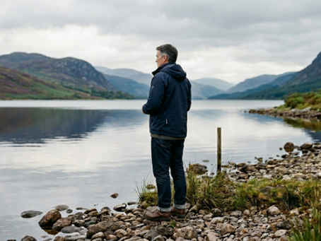 Midlife man standing at a loch in Scotland, muted light, thoughtful, stillness, present and just standing.