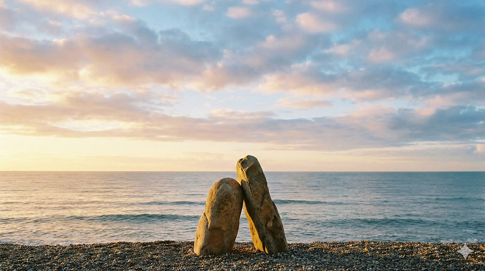 A calm, wide ocean, blue sky, mixed coloured clouds, gentle waves. In the foreground on a gravelled beach: two natural rocks, that look similar to standing stones, leaning against each other, supporting each other. One is a little shorter than the other. They are symbolising steadiness, clarity, and grounded strength. balance, honesty, and quiet power. They are symbolising the balance between feminine and masculine power.
