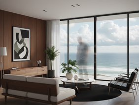 A man in a stylish living room, fading away like a ghost.