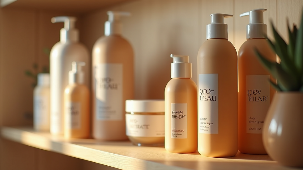 Eye-level view of a variety of natural hair care products arranged on a shelf