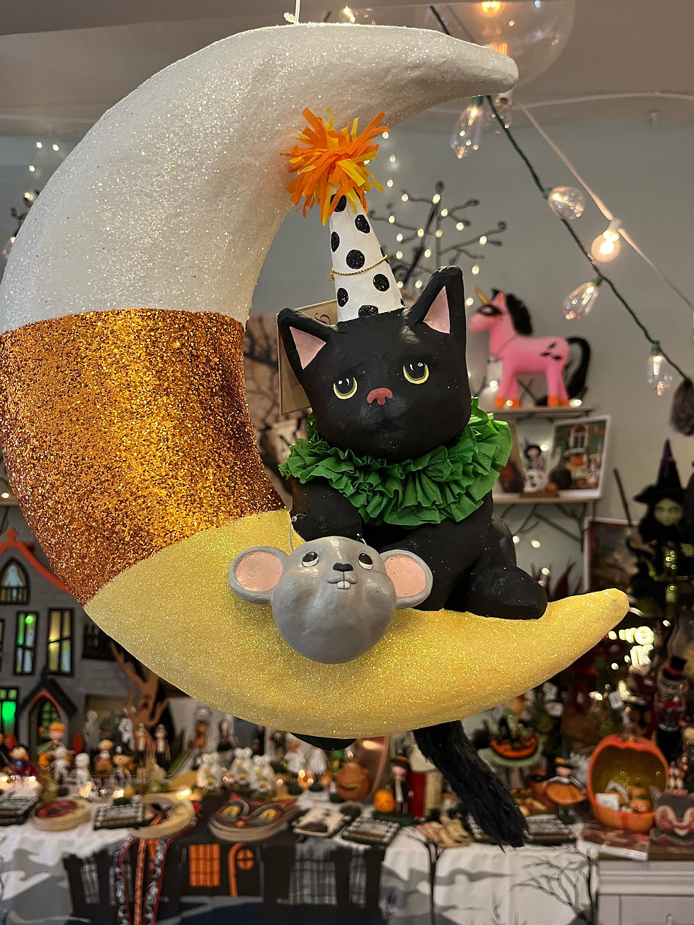 Large Party Kitty on Candy Corn Moon: Bethany Lowe Designs
