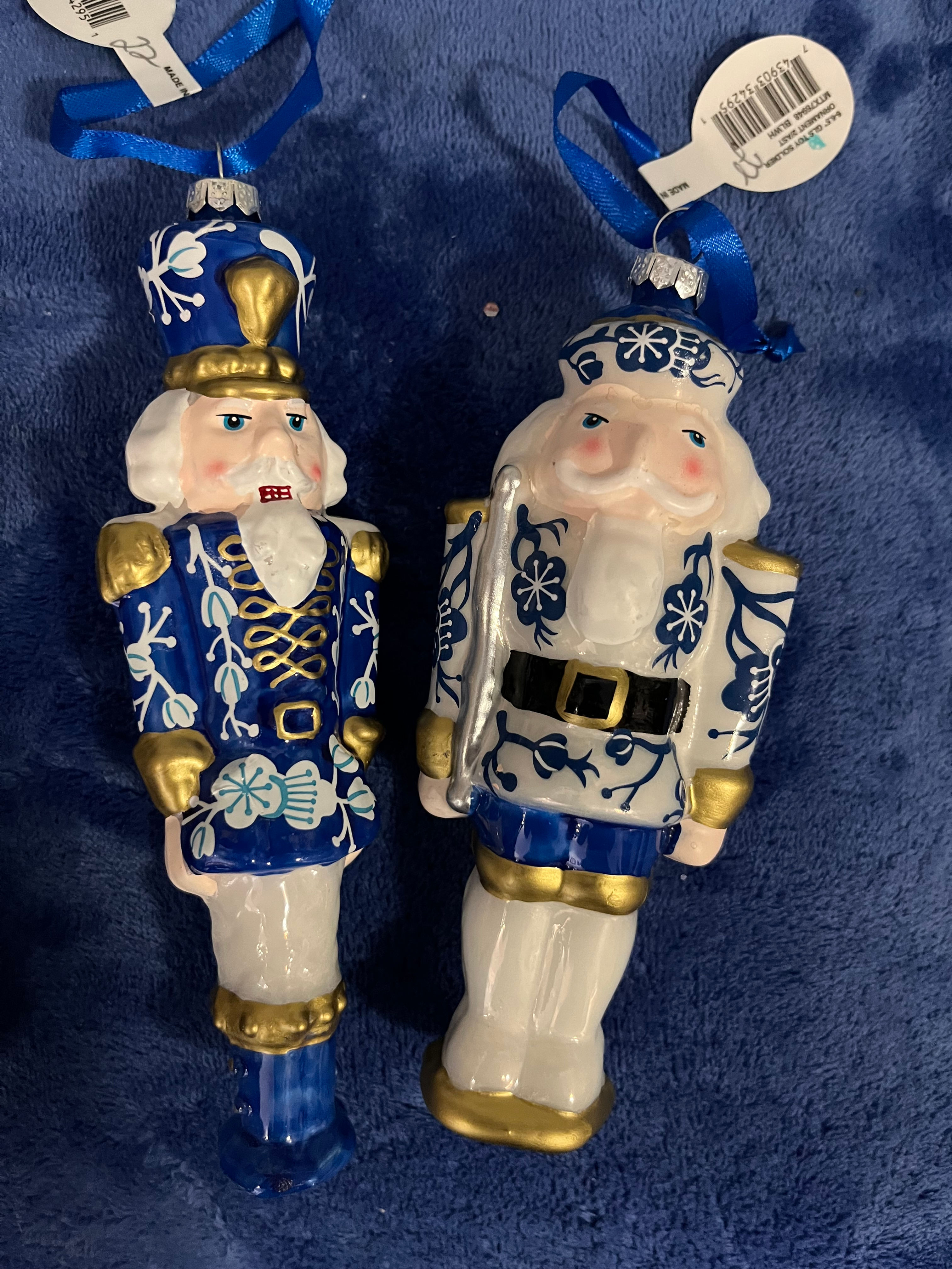 Blue Toile Soldier & Floral Santa Ornaments