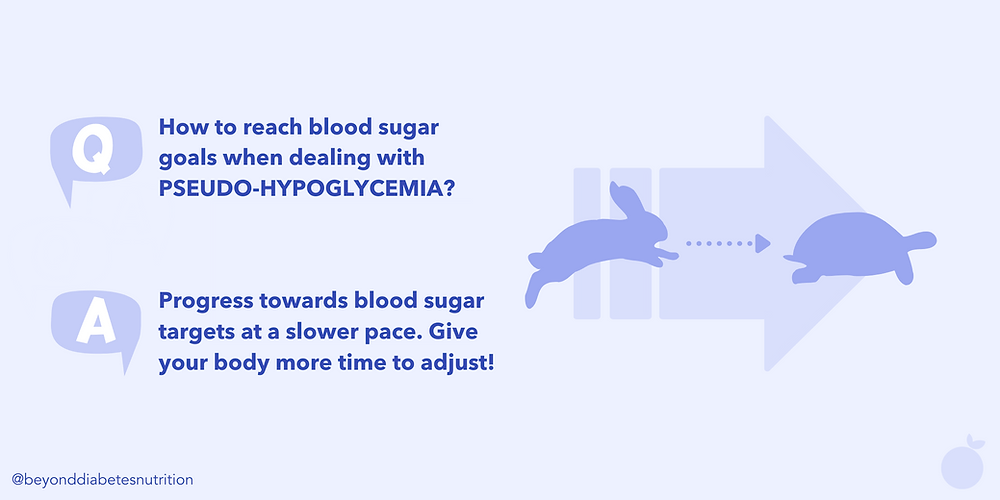 How to reach blood sugar goals when dealing with Pseudo hypoglycemia? Progress towards blood sugar targets at a slower pace. Give your body more time to adjust! | Beyond Diabetes Nutrition - Lucy Zhang, Registered Dietitian