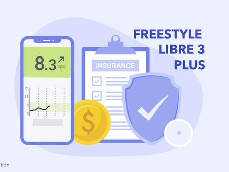 Phone showing glucose levels, insurance form, dollar coin, and shield. Text: "FREESTYLE LIBRE 3 PLUS." Light blue background.