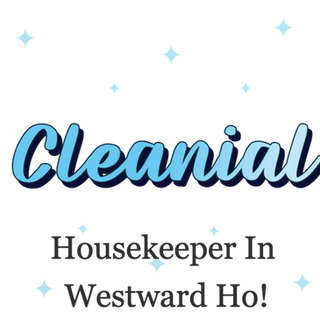 cleanial logo in a fading blue with txt below saying housekeeper required in westward ho!