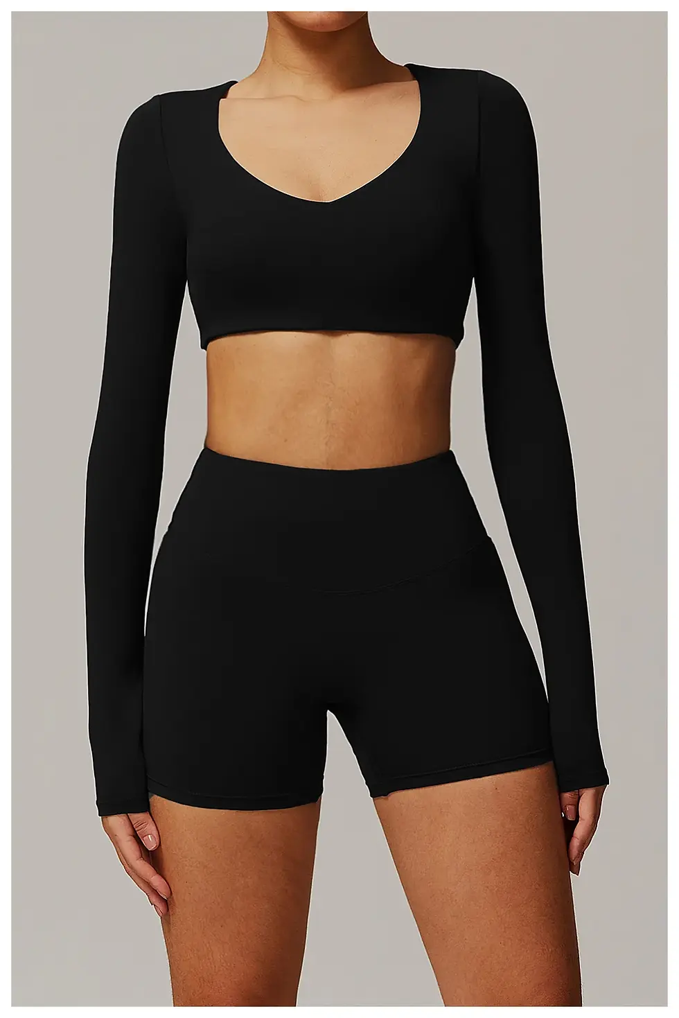 Thumbnail: 2 Piece Gym Fitness Set Workout Clothes Long Sleeves Cropped Shirts and Shorts