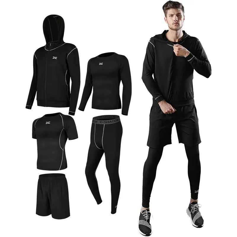 Thumbnail: 5 Pcs Set Mens Tracksuit Gym Fitness Set Compression Sports Clothes Running