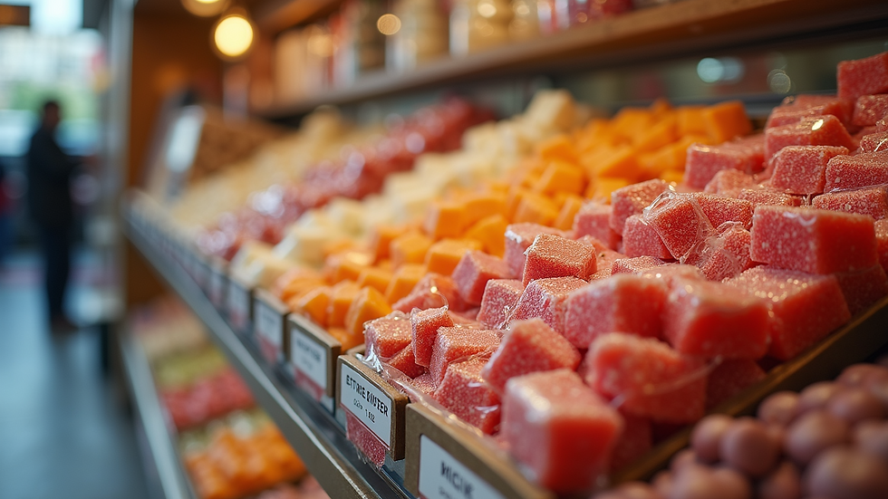 High angle view of a pick and mix candy stand with a variety of sweets