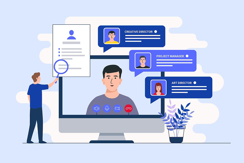 Person pointing at a resume on a screen, with virtual profiles for Creative Director, Project Manager, Art Director. Blue-toned workspace.