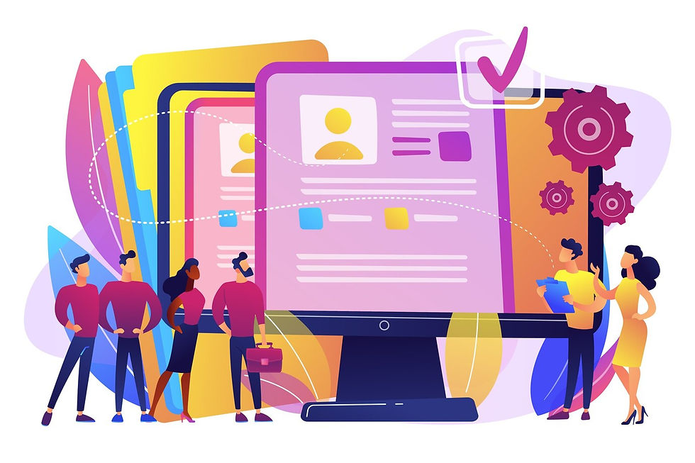 People standing near large screens displaying digital profiles, gears and a checkmark in the background. Colorful and collaborative mood.