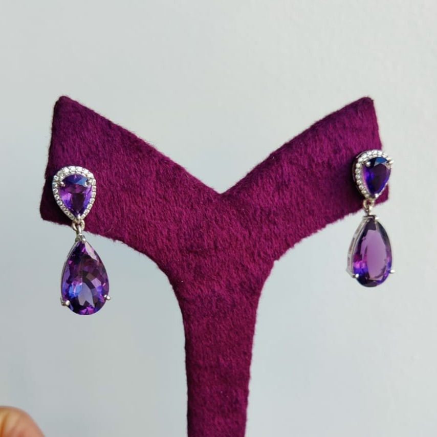 Thumbnail: Pear Drop Earrings in Onyx, Purple & Green  Amethyst