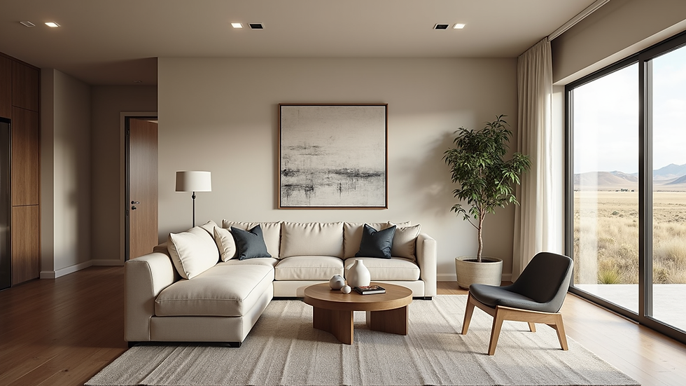 Wide angle view of a cozy living room in a custom-built home in Fort Collins
