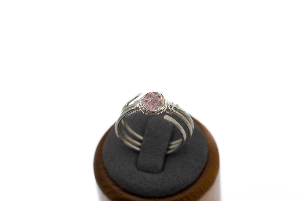 Hand textured sterling silver three banded ring with light pink aurora borealis Swarovski crystal