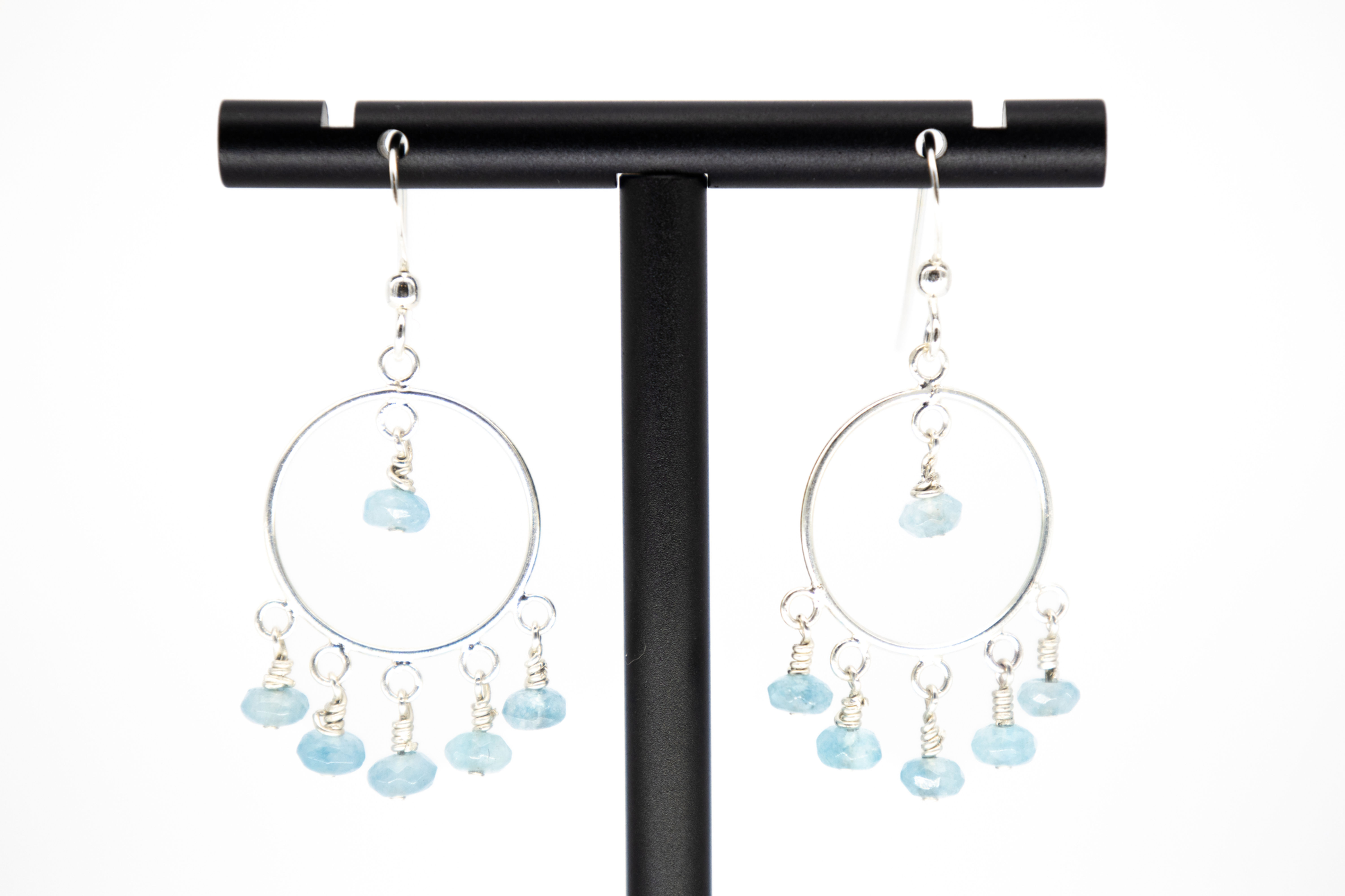 Blue Agate Faceted Rondelles Hand Wrapped on a Sterling Silver Hoop Frame.