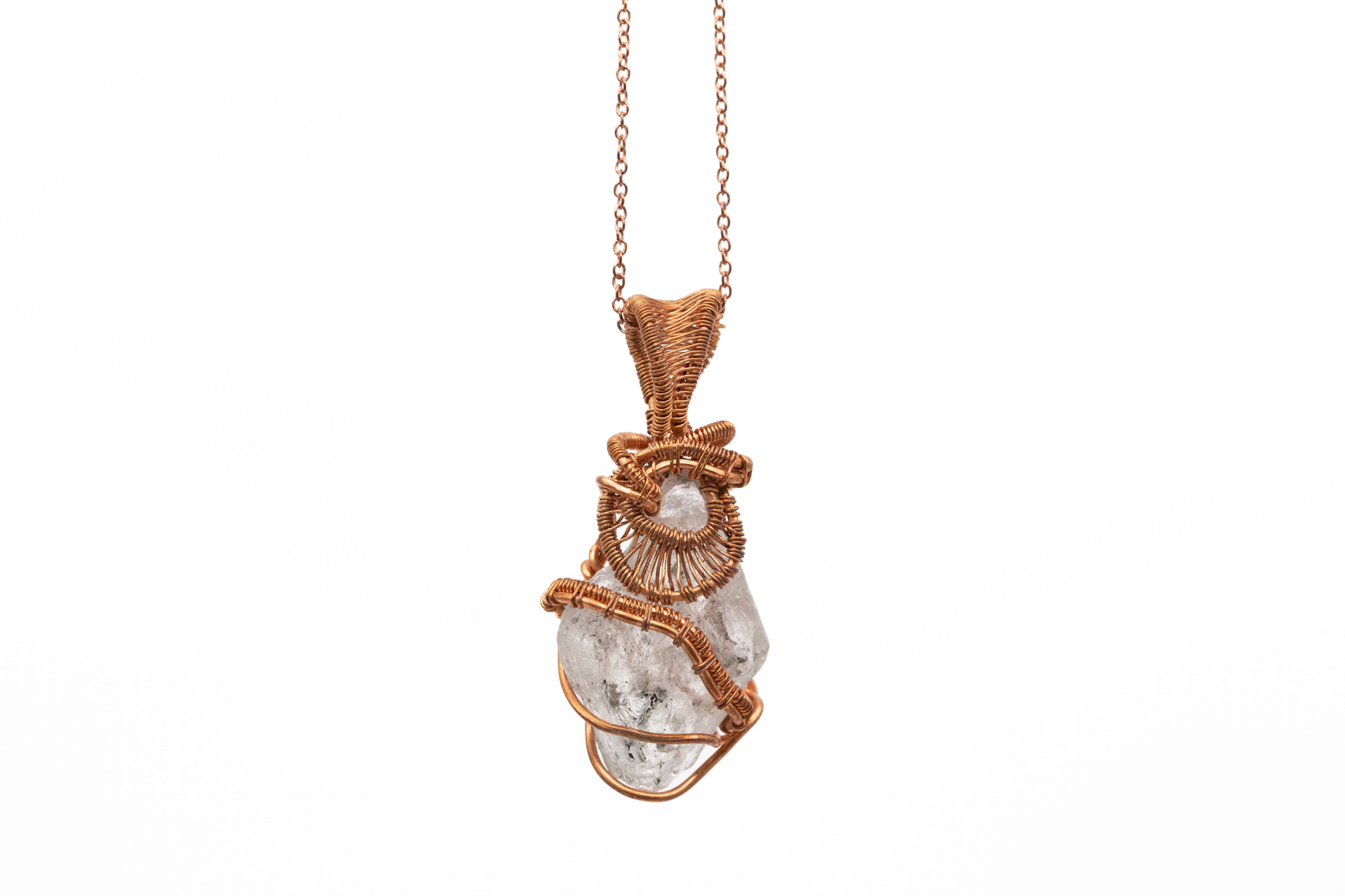 Transparent Green Hued Selenite Pendant with Inclusions Woven in Raw Copper.