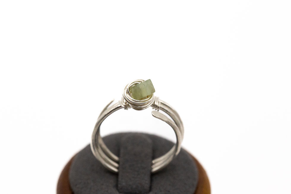 Hand textured sterling silver three banded ring with serpentine gemstone framed in a handwrapped wire birds nest.