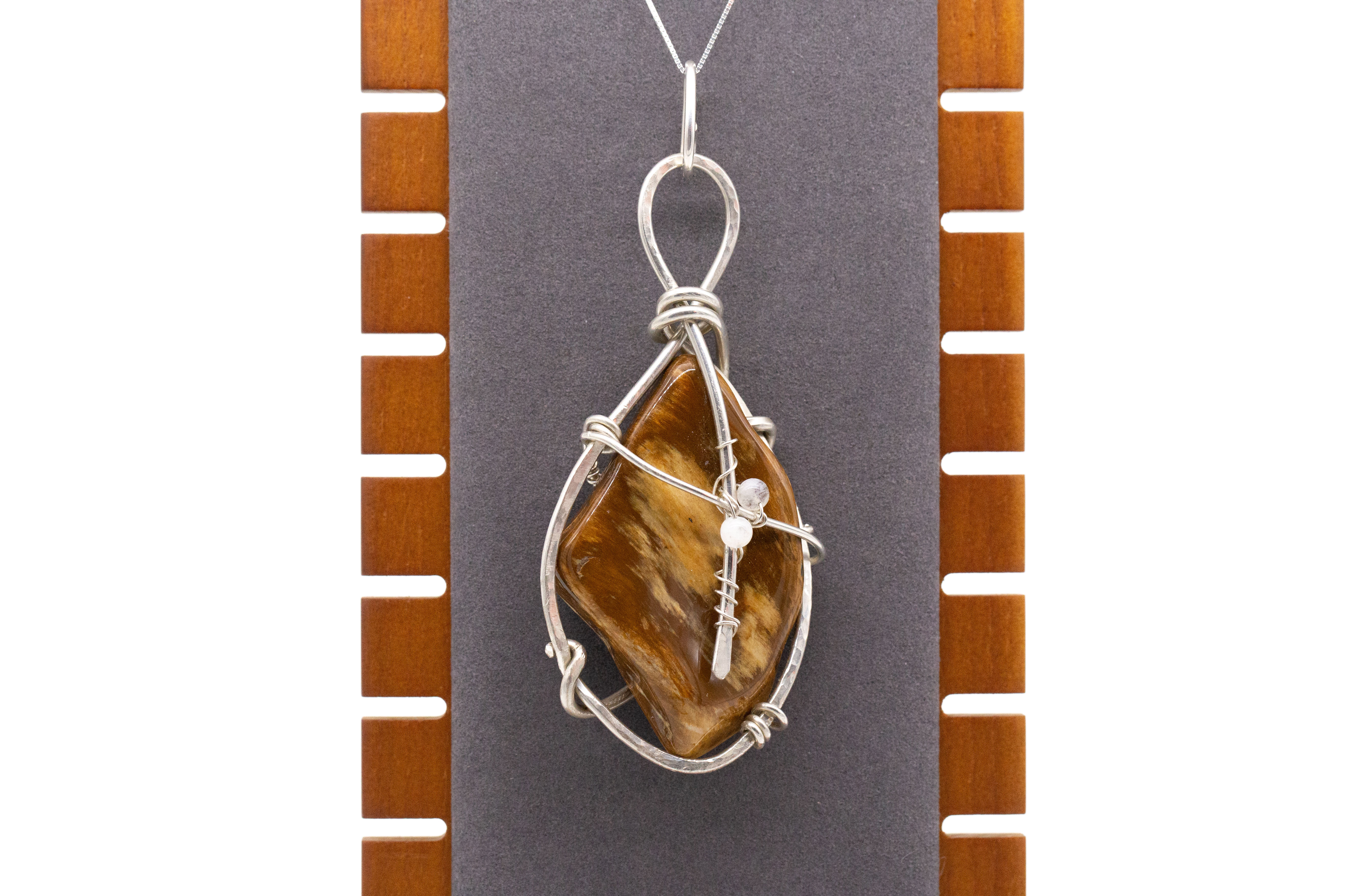 Oregon Petrified Wood with Rainbow Moonstone Bead Pendant on Hand Formed Wire Wrapped Sterling Silver.