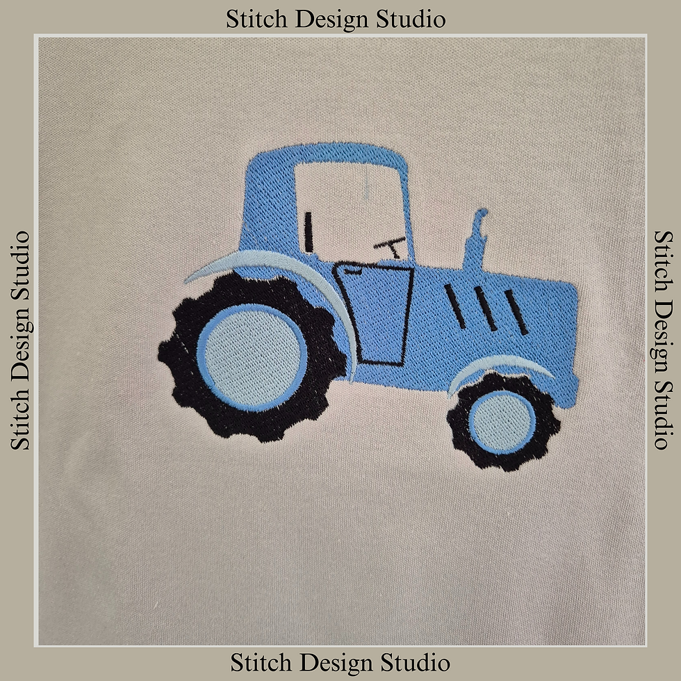 Thumbnail: A blue t-shirt with a blue tractor embroidered in the middle