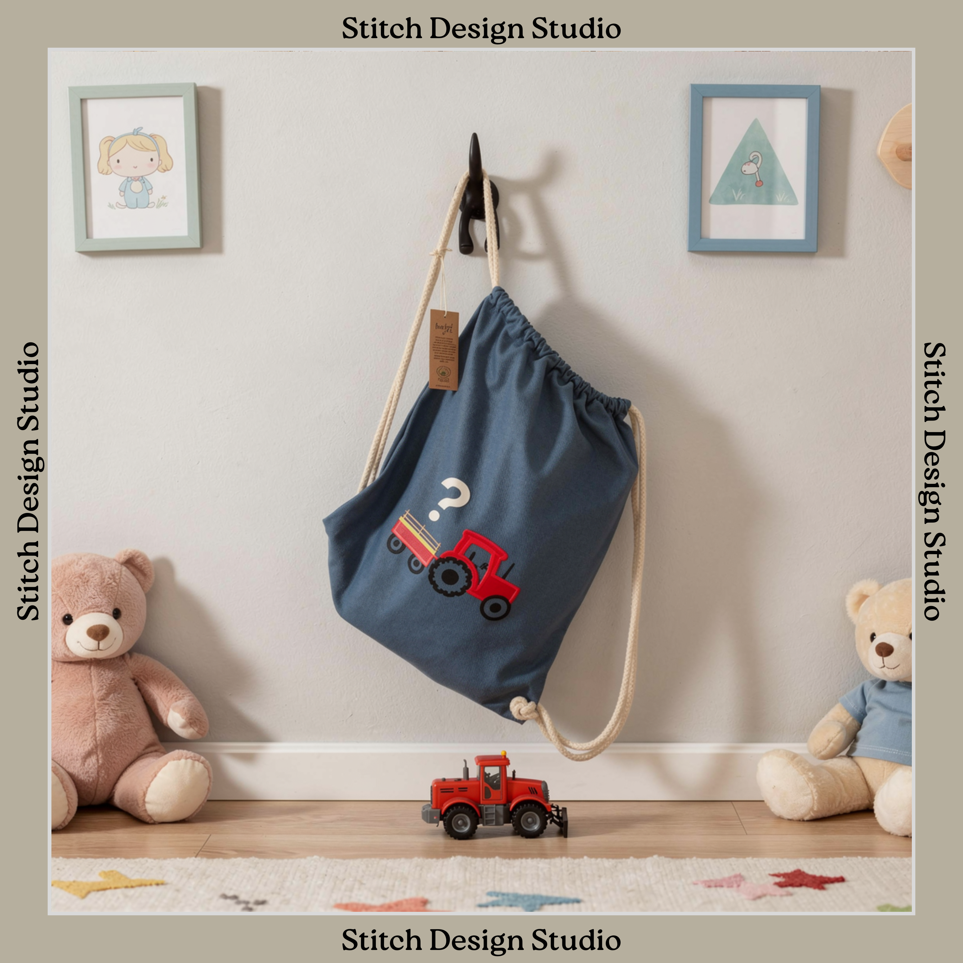 A blue children's drawstring bag with a tractor and trailer embroidered on.