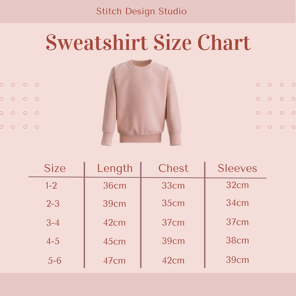 Thumbnail: A size guide for the children's sweatshirts, in sizes 1,2,3,4,5,6