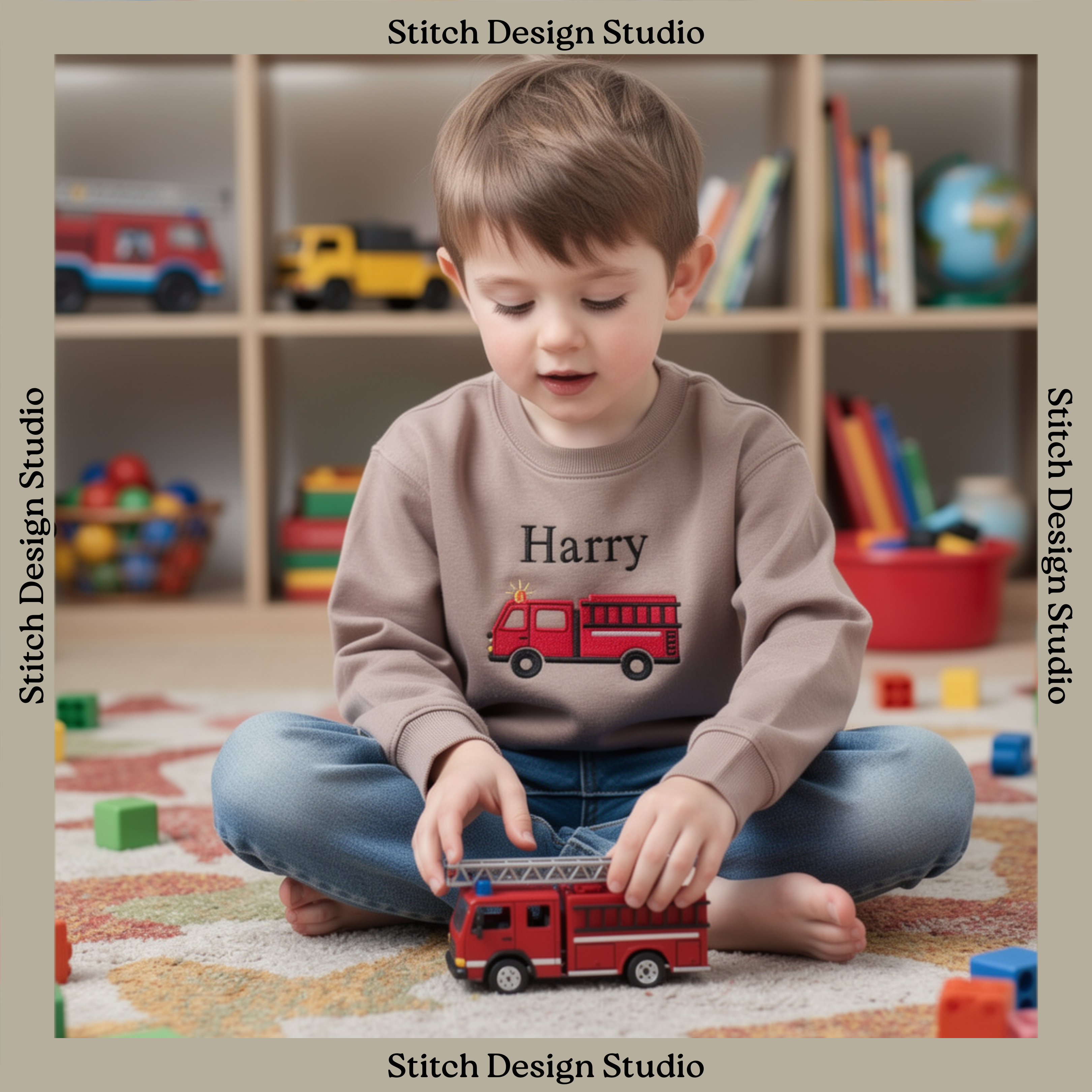 a boy playing with toys wearing a taupe coloured sweatshirt with the name Harry and a fire engine on the front
