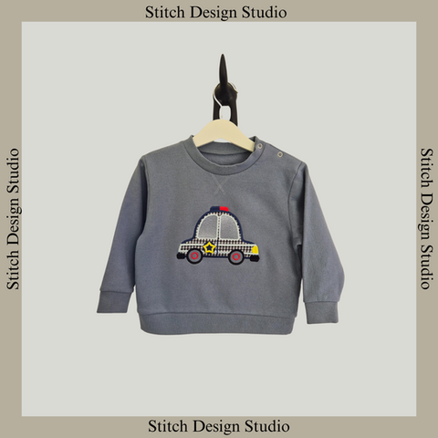 Blue police car design sweatshirt, Stitch Design Studio custom embroidered accessories.