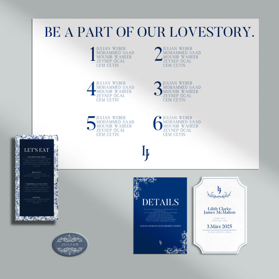 Flatlay des stilvollen Hochzeitspapeterie-Sets – Elegant – mit Einladung, Menü, Namenskarten, Details und Sitzplan auf neutra