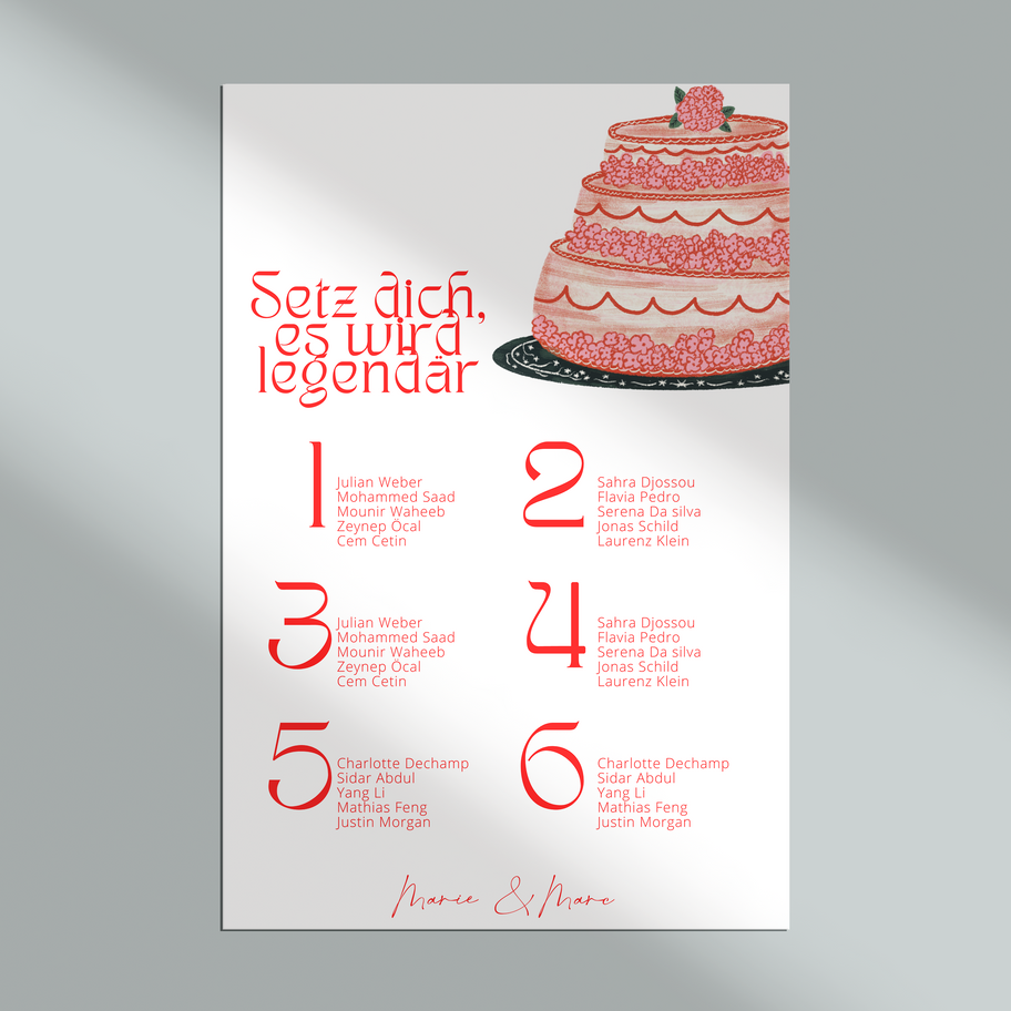 Übersichtlicher Sitzplan als Teil der Hochzeitspapeterie – modern und informativ, auf neutralem Hintergrund angeordnet