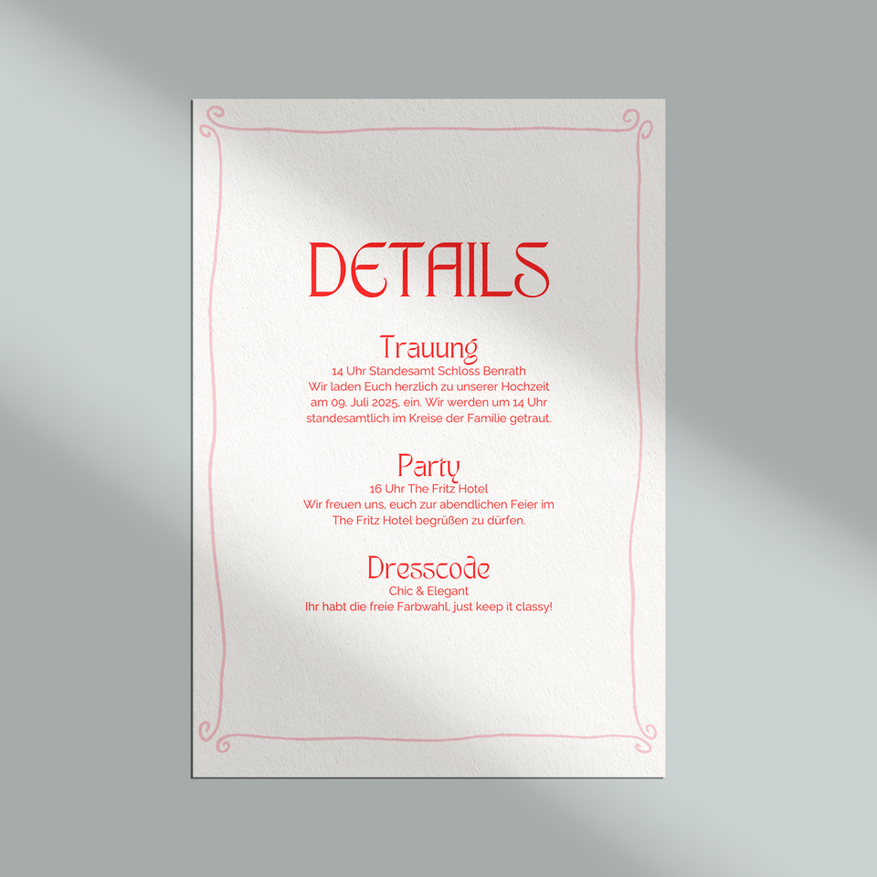Hochzeits-Detailkarte mit wichtigen Infos – Teil der Papeterie, modern und übersichtlich auf neutralem Hintergrund.