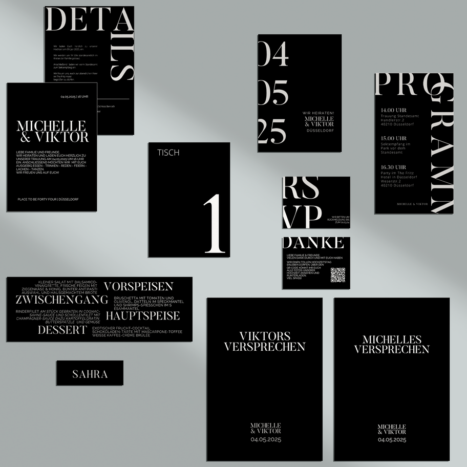 Flatlay der kompletten Hochzeitspapeterie – Ultimate Set – mit Einladung, Save-the-Date, Menü, Programm, Namenskarten, RSVP,