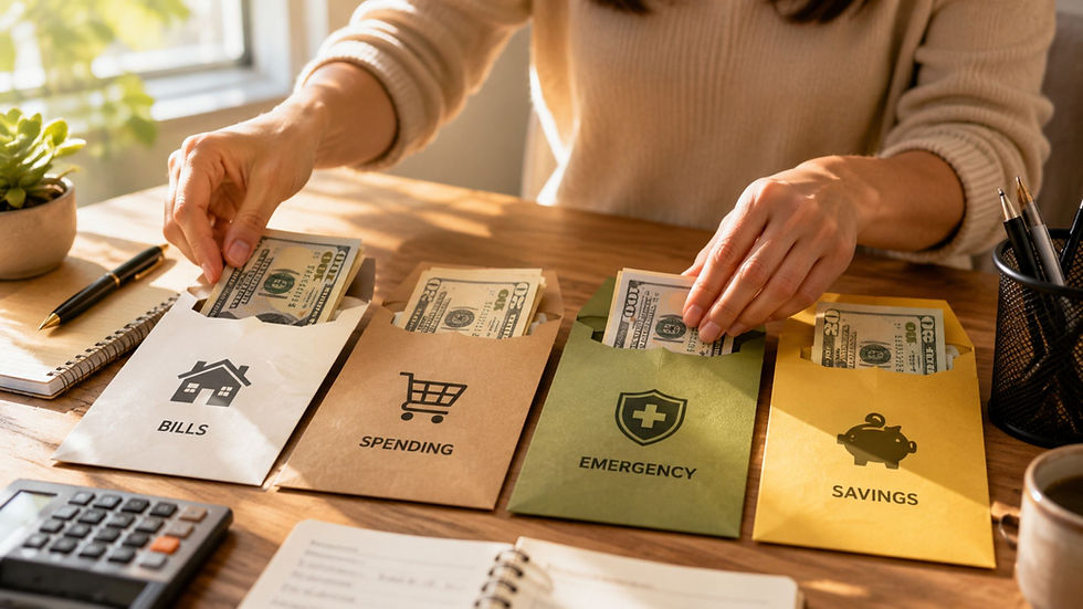 Hands sorting cash into labeled envelopes: Bills, Spending, Emergency, and Savings on a sunny desk, with a calm budgeting mood.