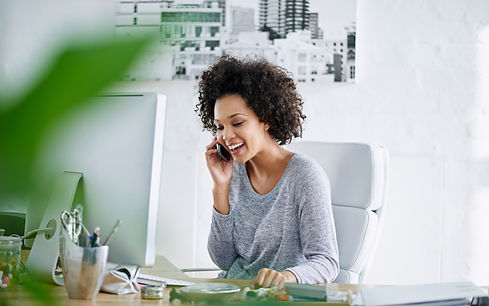 Business, woman and phone call in office talking, conversation and smartphone with compute