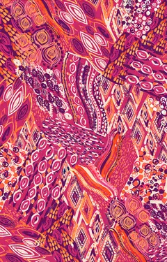 crazy quilt pinks oranges print pattern shapes geometric dots diamonds