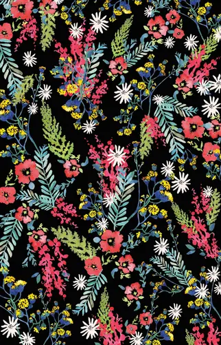 wild floral print pattern black pinks flowers leaves plants Daisy