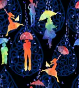 umbrella women scarf print pattern women dancing hearts rain singing watercolor