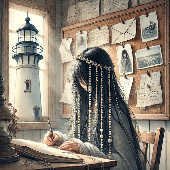 DALL·E 2024-10-10 13.00.04 - perfect Mooj writing a letter in the lighthouse.jpg