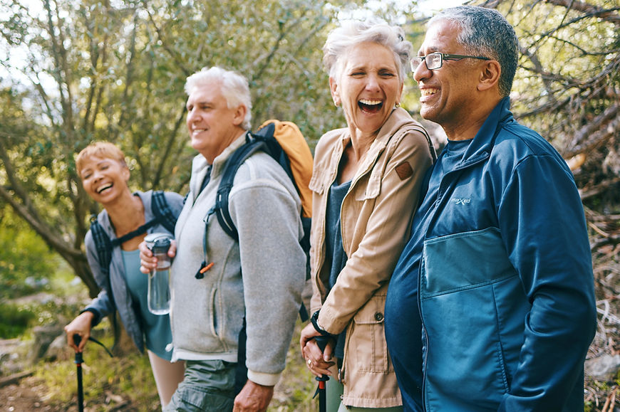 Nature, hiking and happy senior friends bonding, talking and laughing at comic joke in for