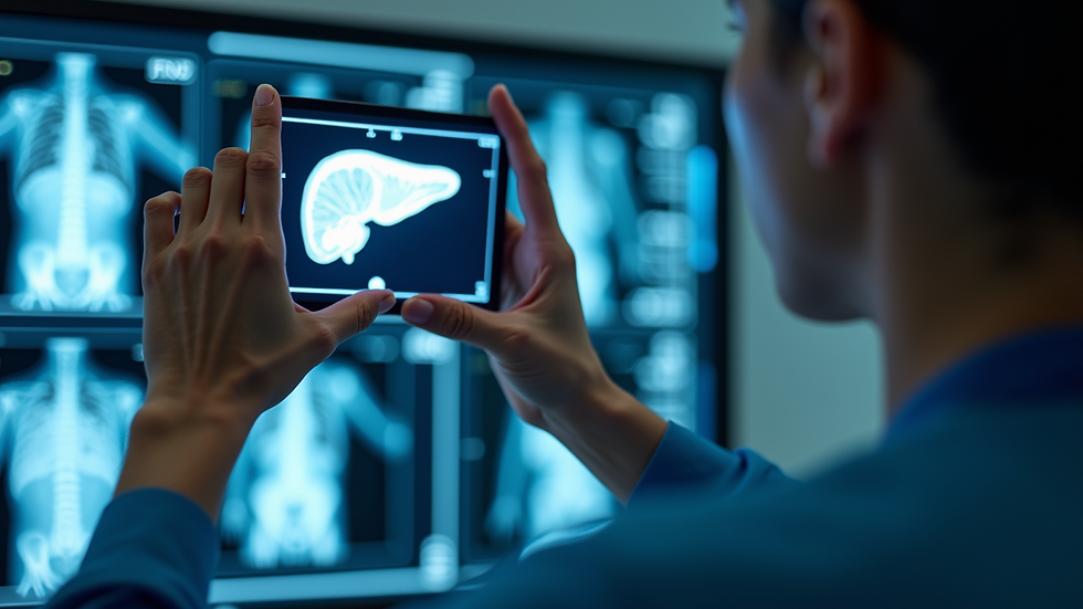 Close-up view of a medical professional examining a liver scan