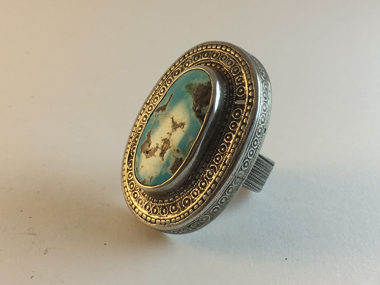 Afghan Kazakh Silver Ring with Meshed Turquoise