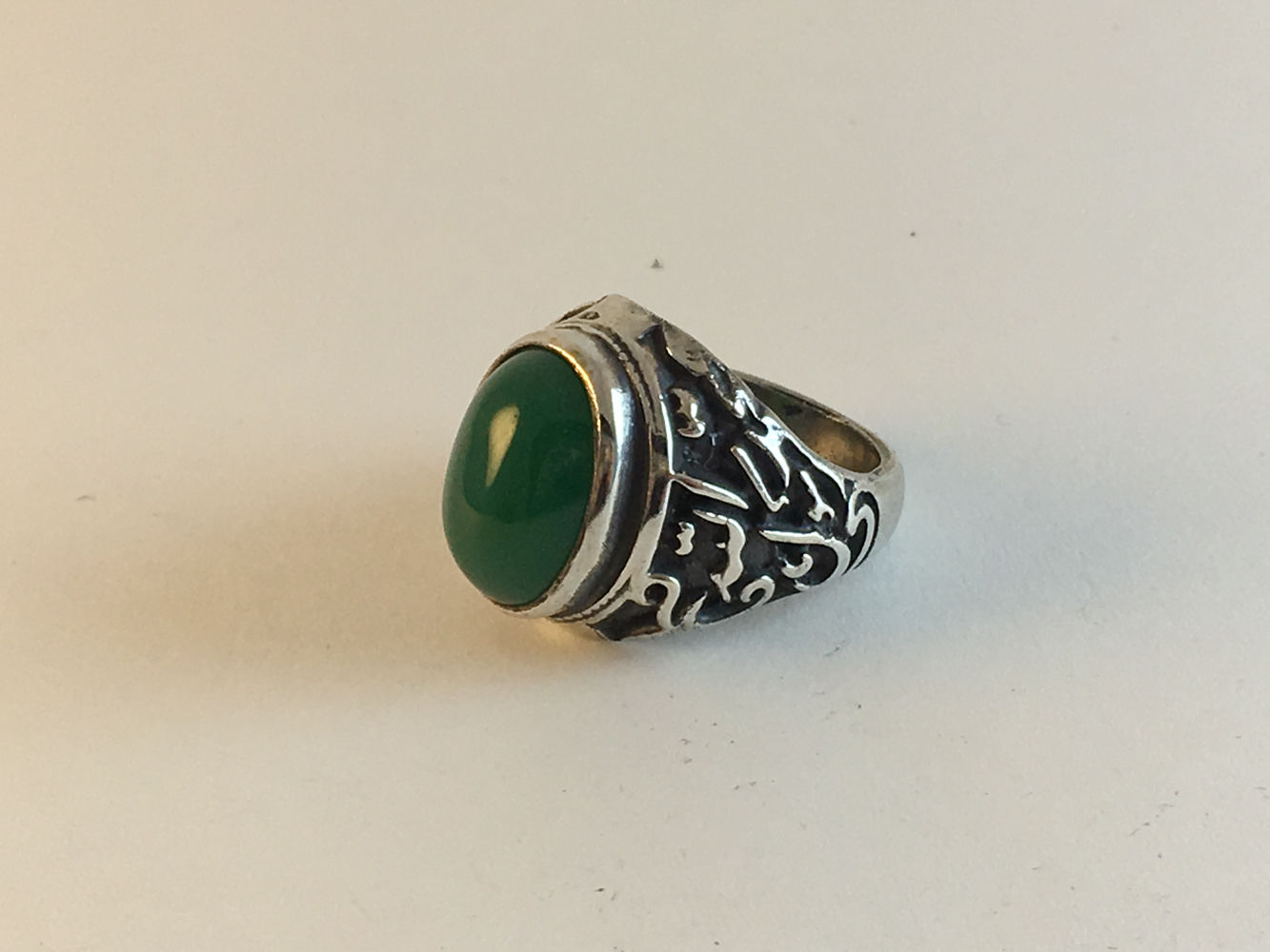 Afghan Silver Green Agate 3D Scripted Ring