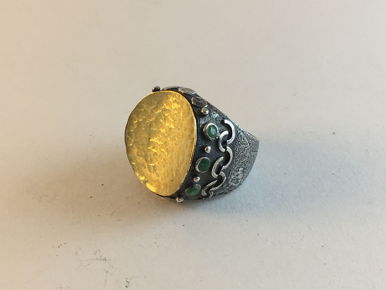 Turkish Silver Hammered Gold Emerald Ring