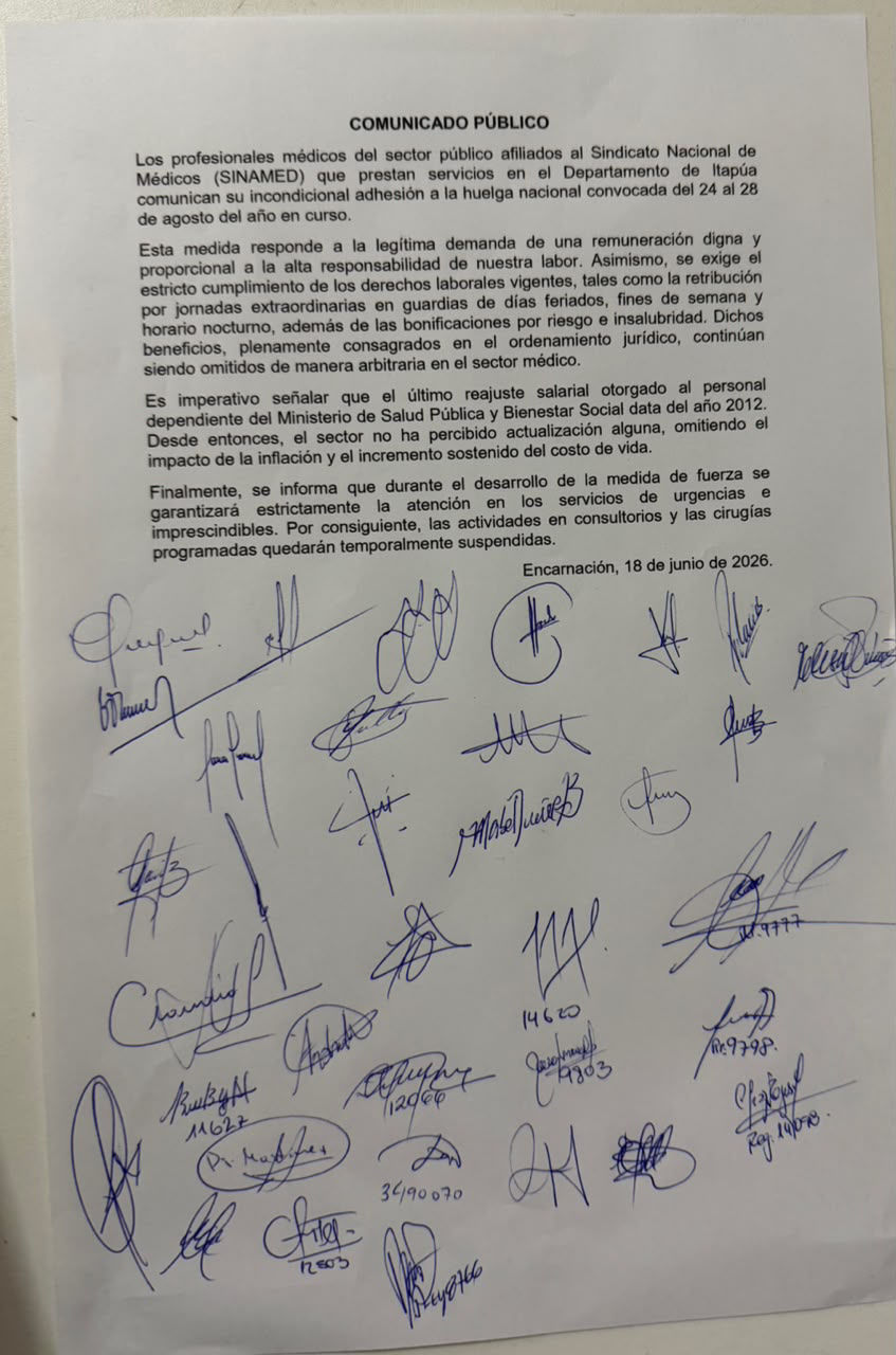 Médicos de Itapúa se adhieren a huelga nacional y suspenderán consultas y cirugías programadas