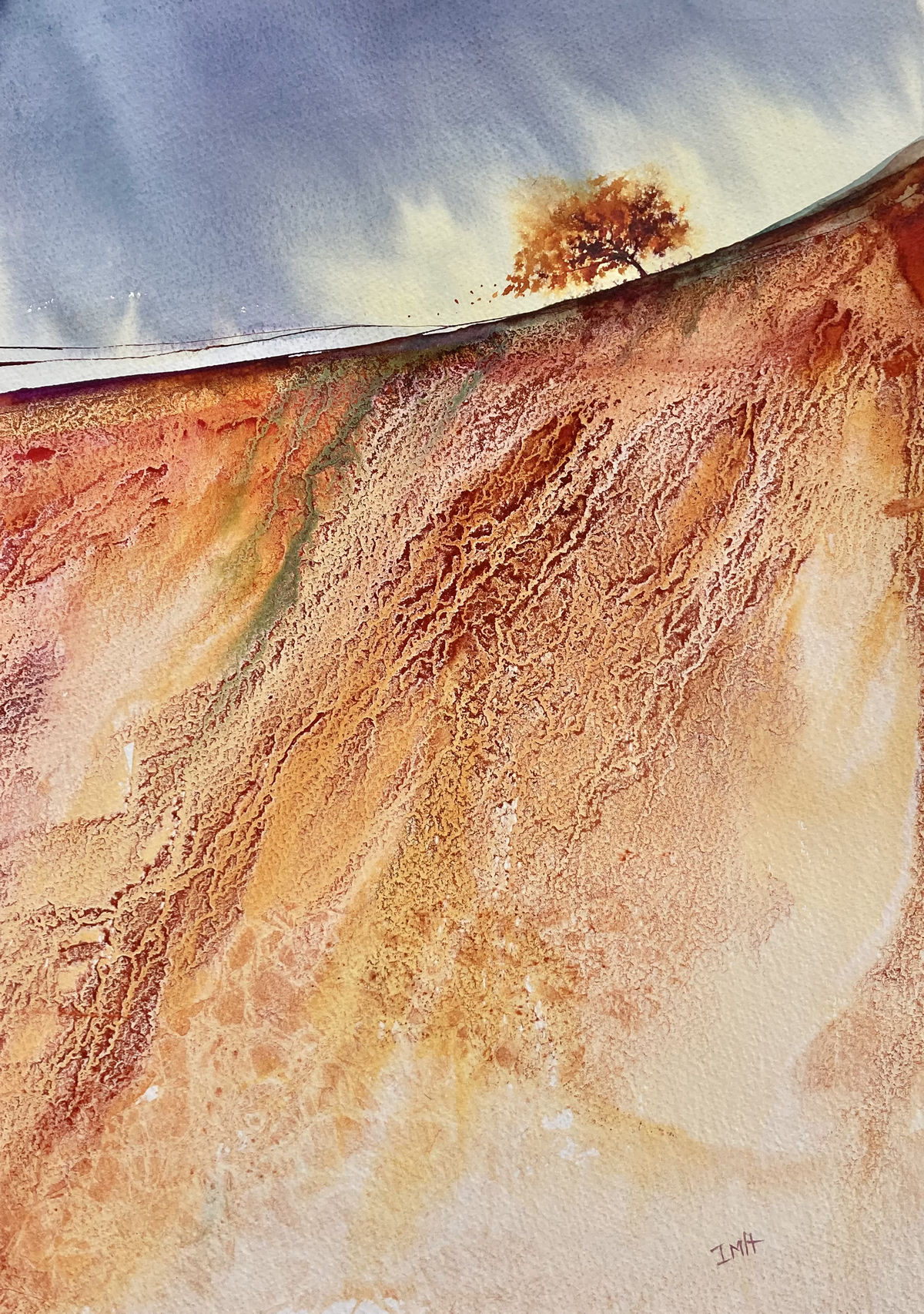 orange hillside, moors, lone tree, textured watercolour