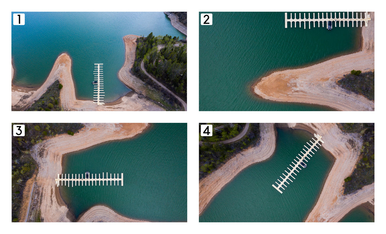 Four top-down drone shots capturing a peaceful boat dock