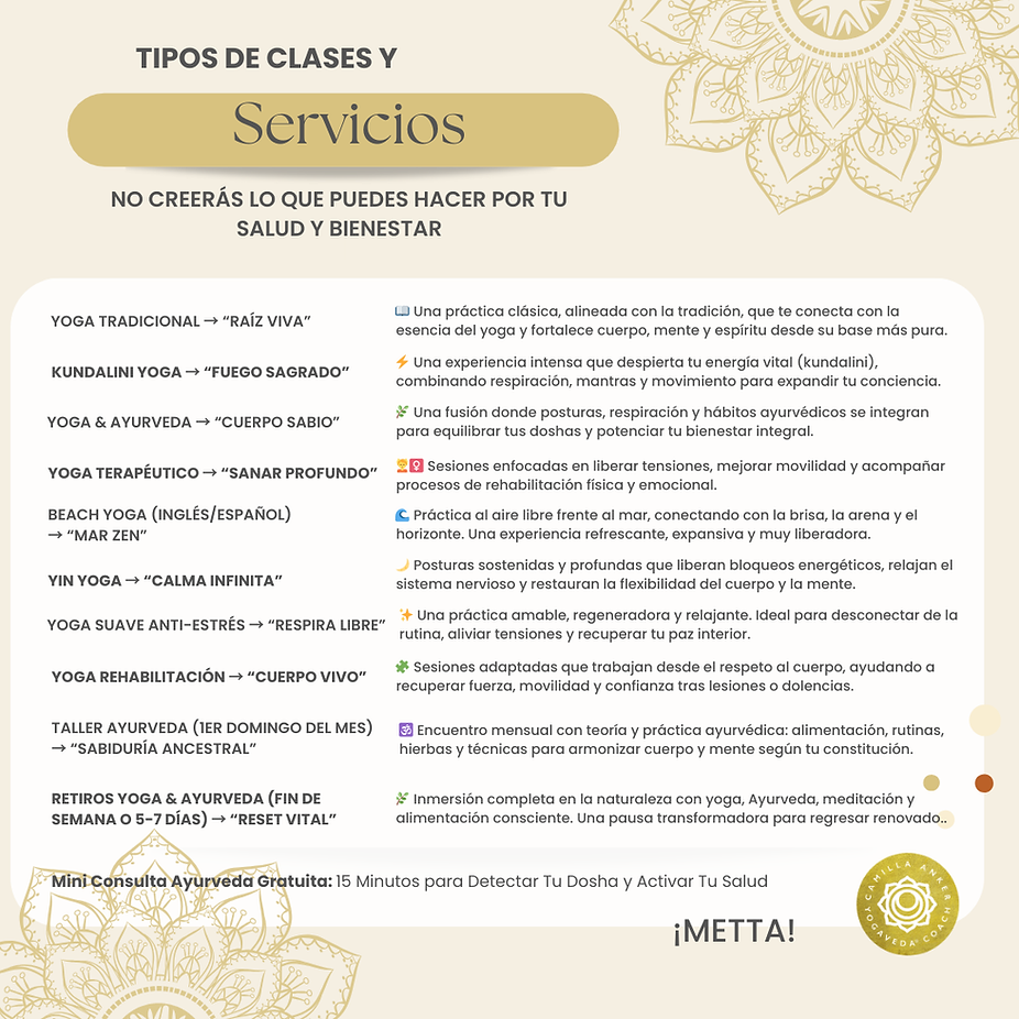 Tipos y estilos de clases de yoga y servicios ayurveda en Fuengirola Málaga España